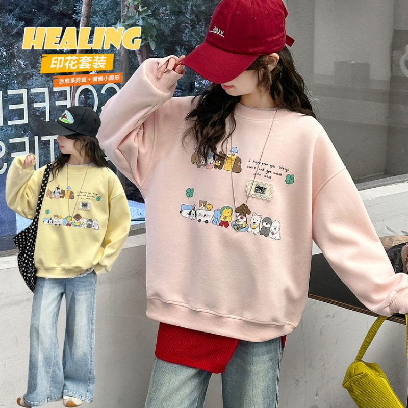 Zhili children's cartoon sweatshirt for girls, 2026 spring and autumn new style, fashionable children's top, printed long-sleeved denim sweatshirt for medium and large children.