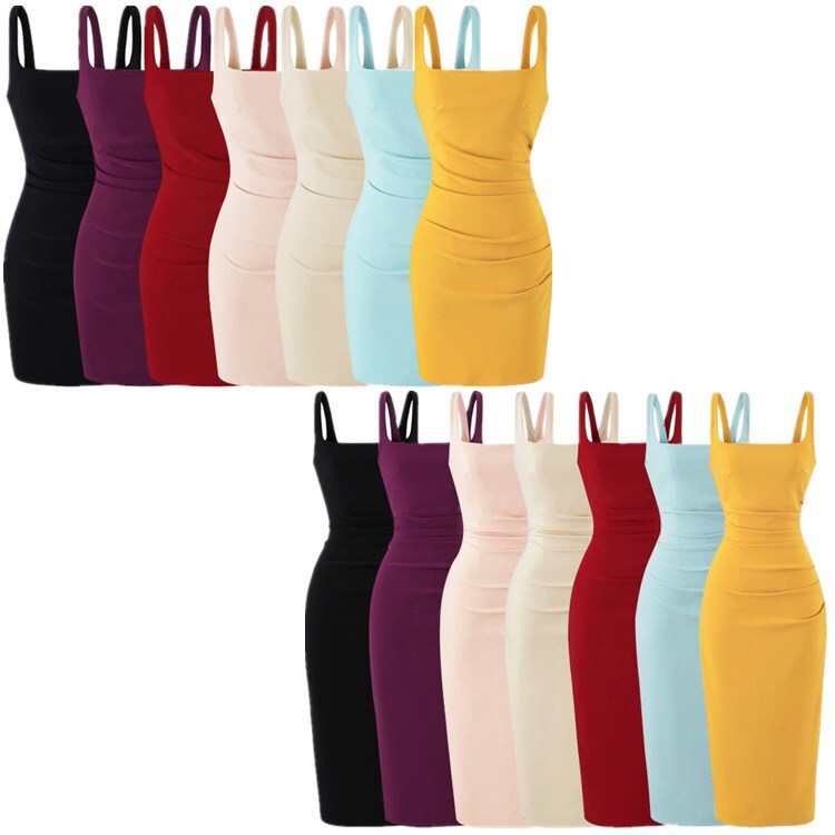 New Style Square-Neck Sleeveless Pleated Bodycon Stretchy Strap Dress for Women, Dual Versions, Waist-Cinching, Elegant Back Slit Long Dress