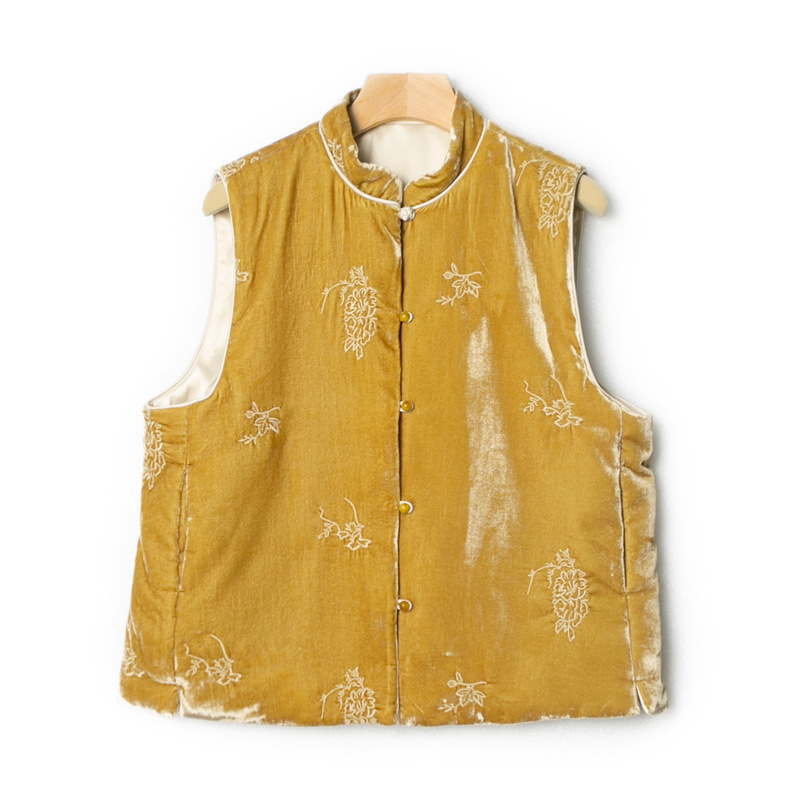 Ms* Silk Velvet Embroidered Cotton Vest Women's New Chinoiserie National Style Jade Bead Button Vest New Style