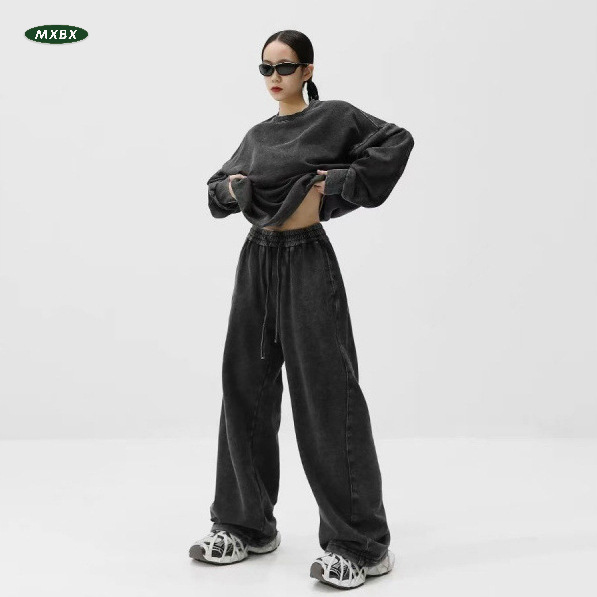 Retro American style terry sweatpants, unisex, straight leg, heavyweight, washed, distressed, loose fit, trendy casual pants for couples.