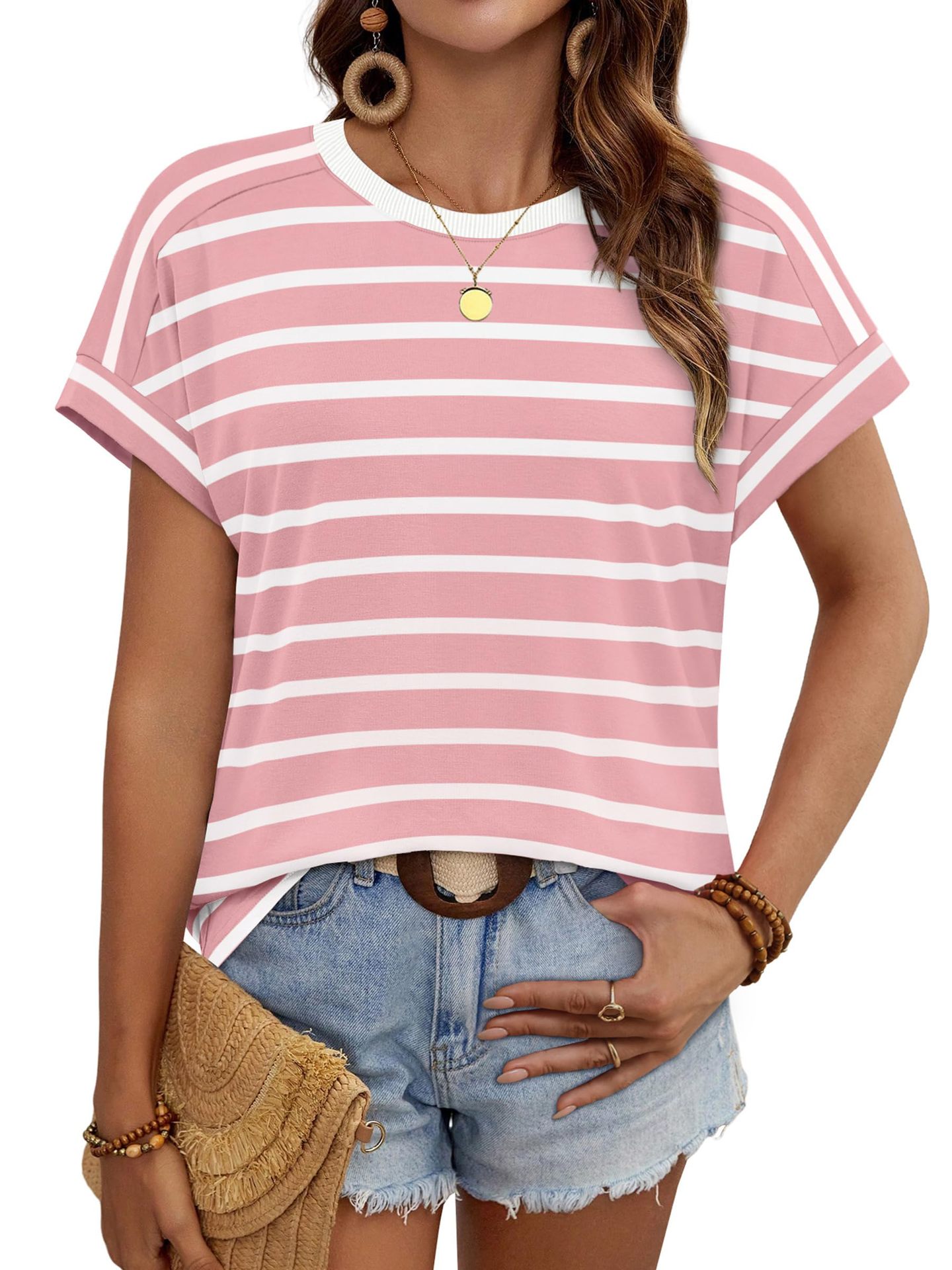 Summer New Women's Round Neck Casual Striped T-Shirt Short Sleeve Top American Style_ecoleips.com