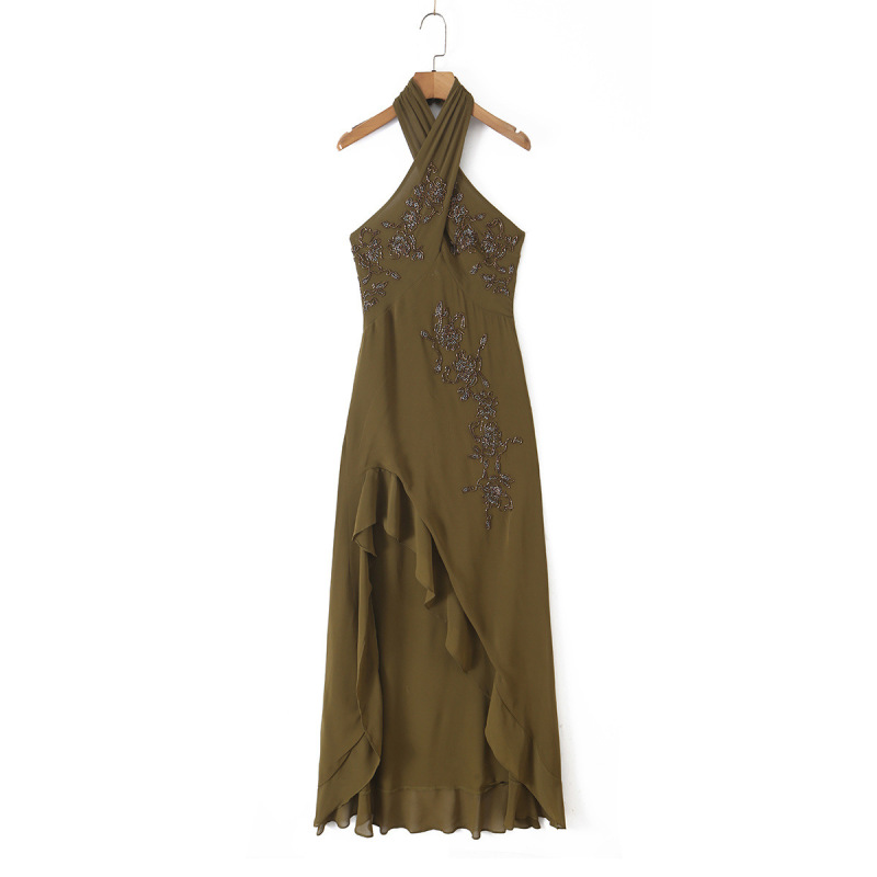 Heavy Beaded Embroidery Halter Neck Dress, Cross Backless, Irregular Ruffle Hem, Slit Long Gown for Women