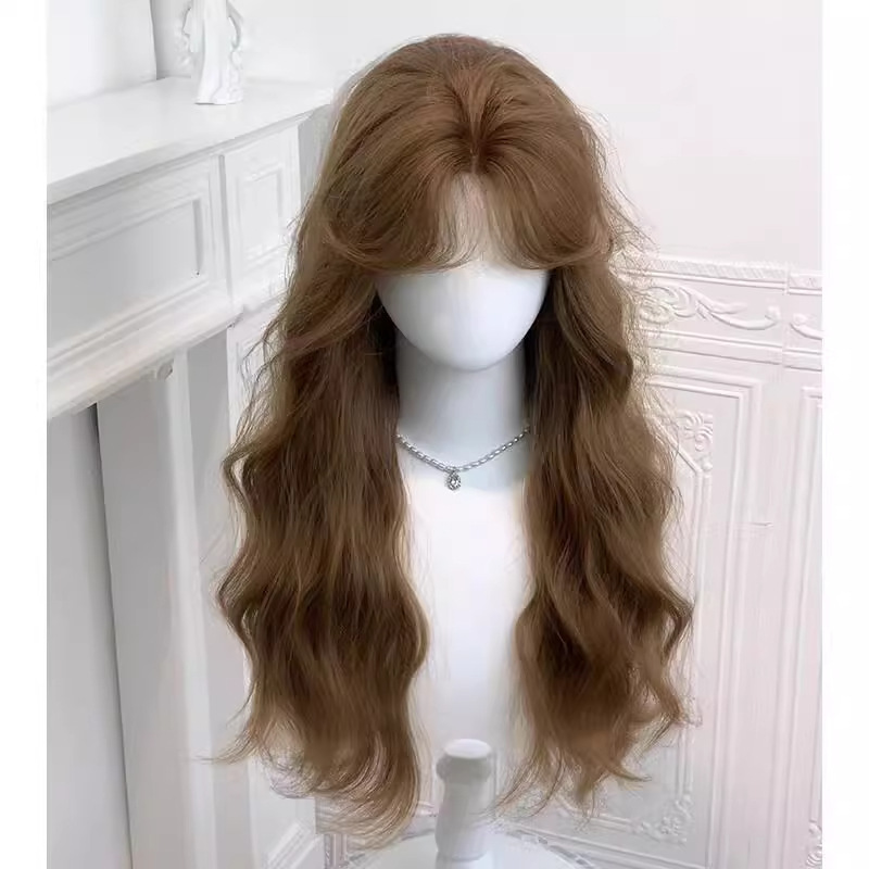 [Comic Barbie] Wig Full Headgear for Women Korean Style Long Curly Hair with Middle Parting Lace Sweet and Cute Caramel Golden Brown