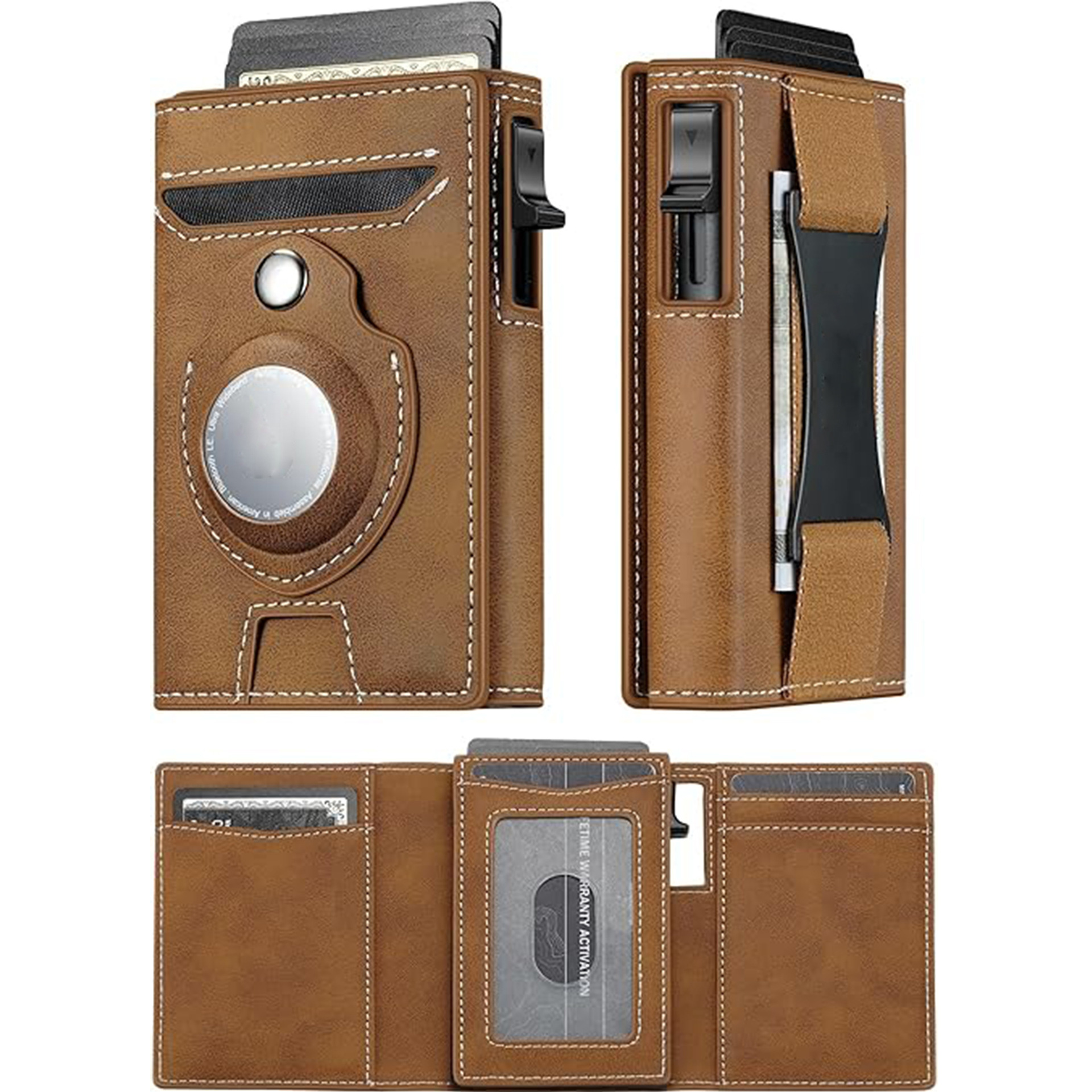 Amazon RFID cepillo antirrobo de aluminio caja de tarjetas bolsa con airtag localizador tarjeta de sujeción cartera de cuero para hombres