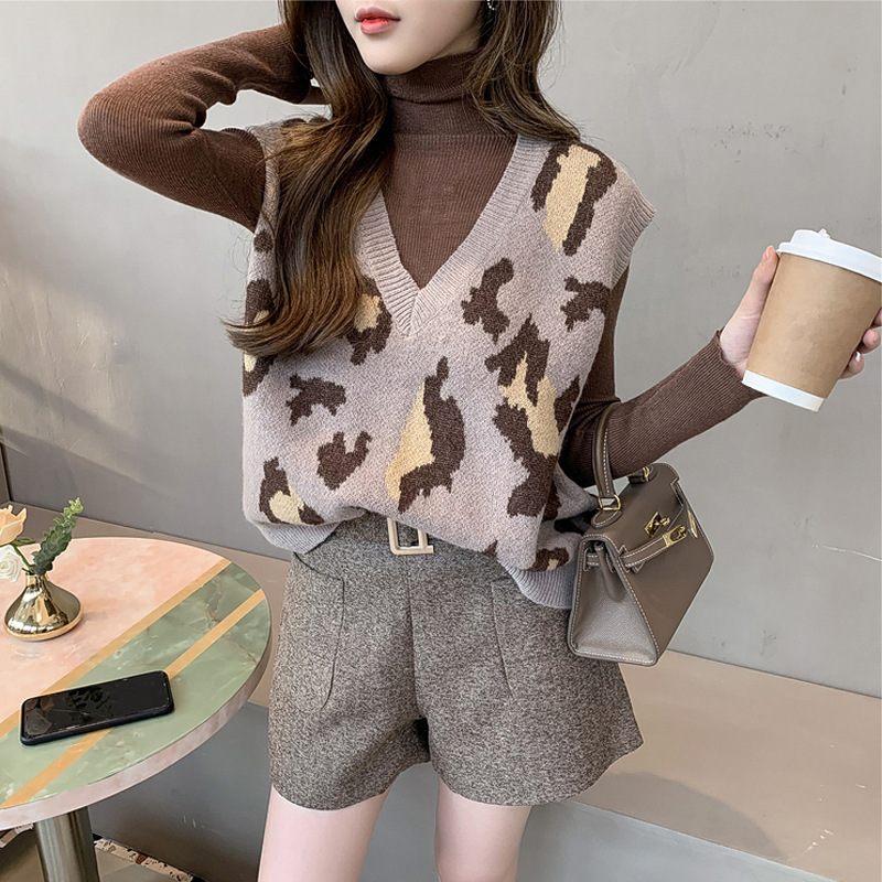 Leopard Print Knitted Vest Women's Spring and Autumn Fashionable Loose Korean-style All-match V-neck Sleeveless Sweater Vest Jacket