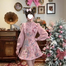 遇阅钰法式温柔公主风花边拼接连衣裙女冬季新款甜美减龄收腰显瘦