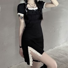 国风修身开叉旗袍连衣裙夏气质收腰蕾丝边甜辣妹裙性感方领短裙子