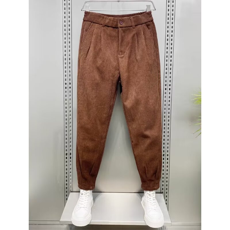 Corduroy ankle-tied pants men's spring and autumn cropped casual pants new fashion brand corduroy pants plus size ruffle handsome harem pants