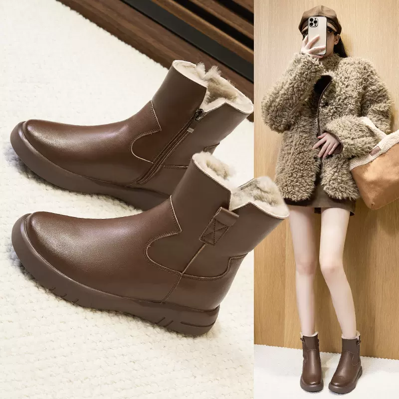 纯羊毛雪地靴女皮毛一体平底防水防滑冬季保暖短筒靴加厚东北棉鞋