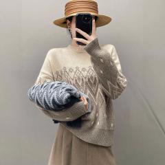 费尔岛圆领山羊绒女针织复古提花毛衣秋冬宽松显瘦羊毛针织衫上衣