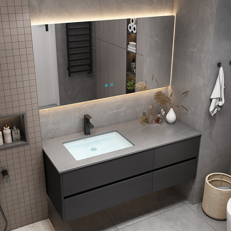 Moderno simple luz de lujo Rock Placa de baño gabinete de combinación inteligente espejo de baño de madera maciza mueble de baño lavabo de baño