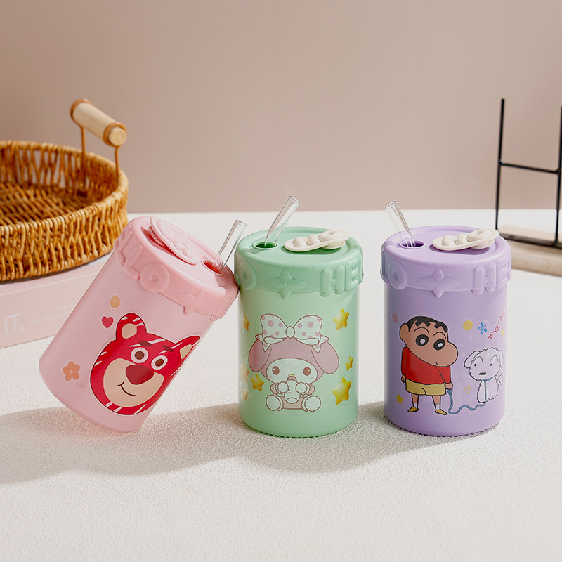新款可爱玻璃卡通杯便携隔热防烫吸管杯家用学生水杯双层隔热水杯