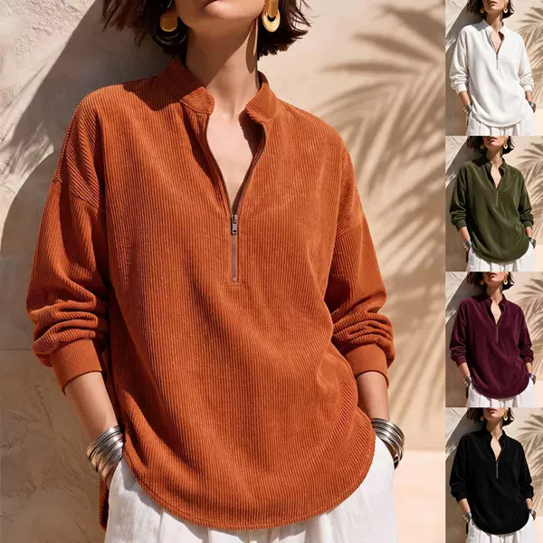 2026 Autumn/Winter New Cross-Border Independent Platform European and American Women's Zipper Round Neck Long Sleeve Casual Loose Corduroy Top