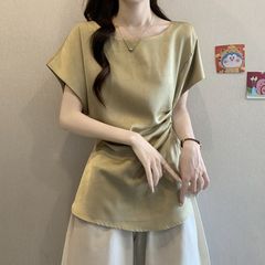 大码醋酸缎面小飞袖正肩短袖衬衫女夏季新款胖mm宽松显瘦遮肉上衣