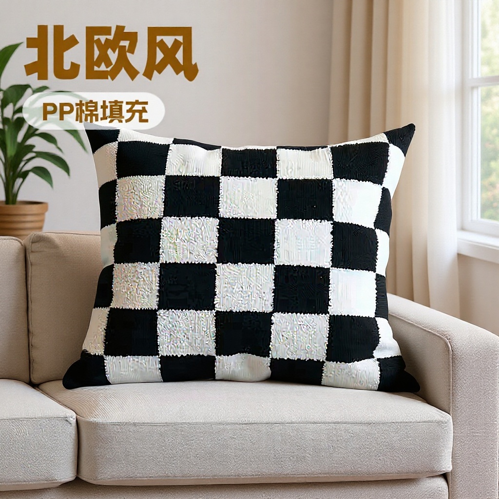 Ins Living Room Decoration Sofa Pillow Cushion Accessible Luxury Retro Black and White Checkerboard Cushion Model Room Bedside Cushion