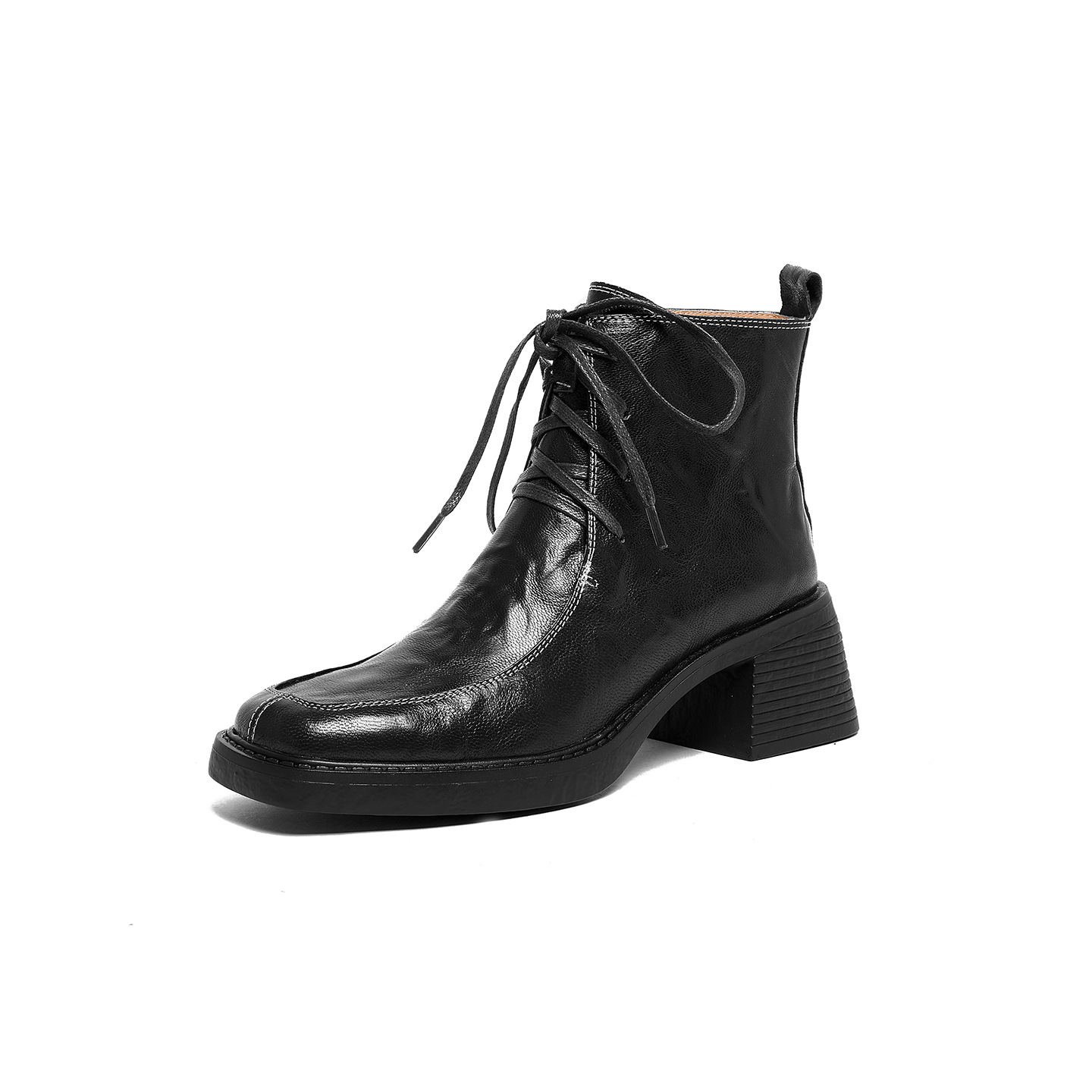 Boot nữ mũi vuông dây buộc da dê cao gót cổ ngắn lót nhung — Lớp lót nhung đen