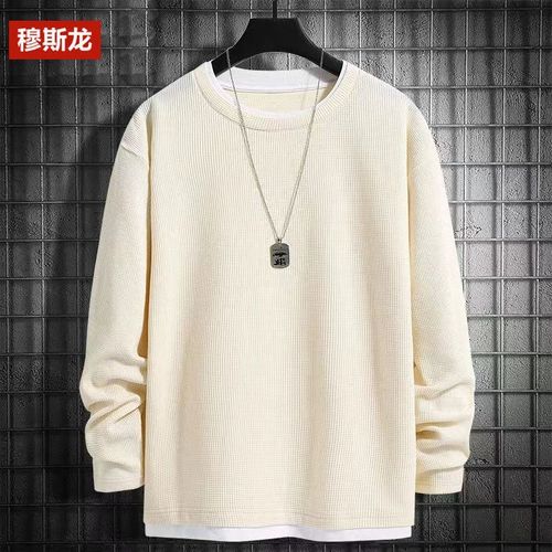 Men's Round Neck Loose Crew Neck Sweatshirt with Fleece, Honeycomb Pattern, Korean Style Casual Long Sleeve T-Shirt Top