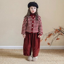 女童韩国秋冬新年款复古红色条纹针织开衫毛衣童装灯芯绒直筒裤潮