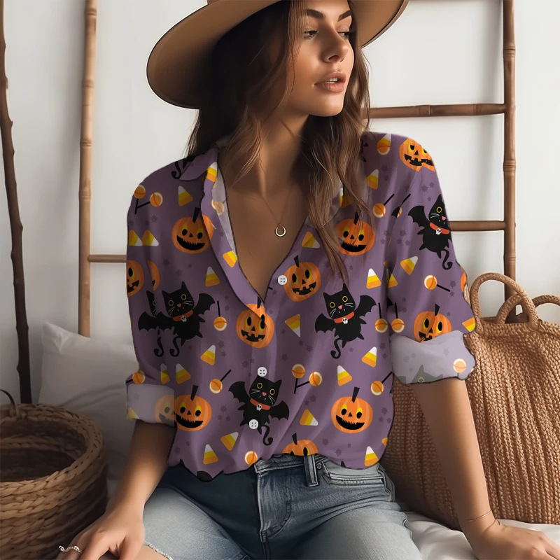 Independent station TUME explosion new ladies 3D digital printing shirt pumpkin Halloween series long sleeve shirt