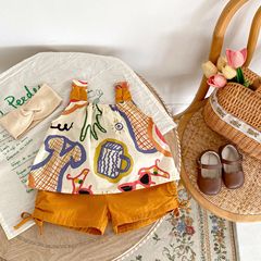 2023 summer ins baby sleeveless children's graffiti vest top + solid color pleated shorts baby girl 2-piece set