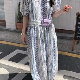 韩国chic夏日新品甜美田园花色减龄娃娃领短袖连衣裙女长裙