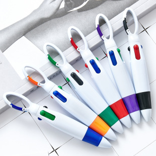 Mountaineering buckle four-color plastic pen wholesale portable fat pocket pen can be printed logo Press plastic ballpoint pen