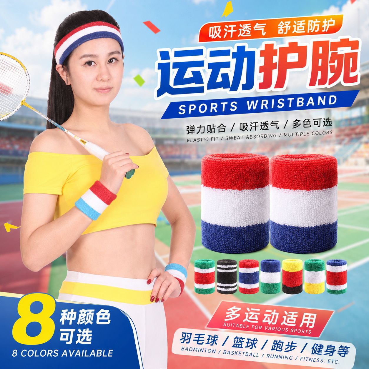 Cross-Border Color-Blocked Sports Towel Wristband, Cotton Double-Layer Breathable Striped Rainbow Wristband, Sweat-Absorbing Running Wristband for Men and Women