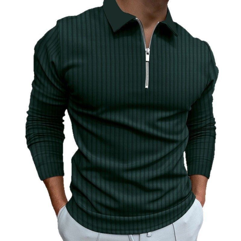 Nuevo transfronterizo de otoño para hombres europeos y estadounidenses deportivo acondicionamiento físico casual de collar vertical elástico tiras verticales con cremallera de manga larga camisa polo