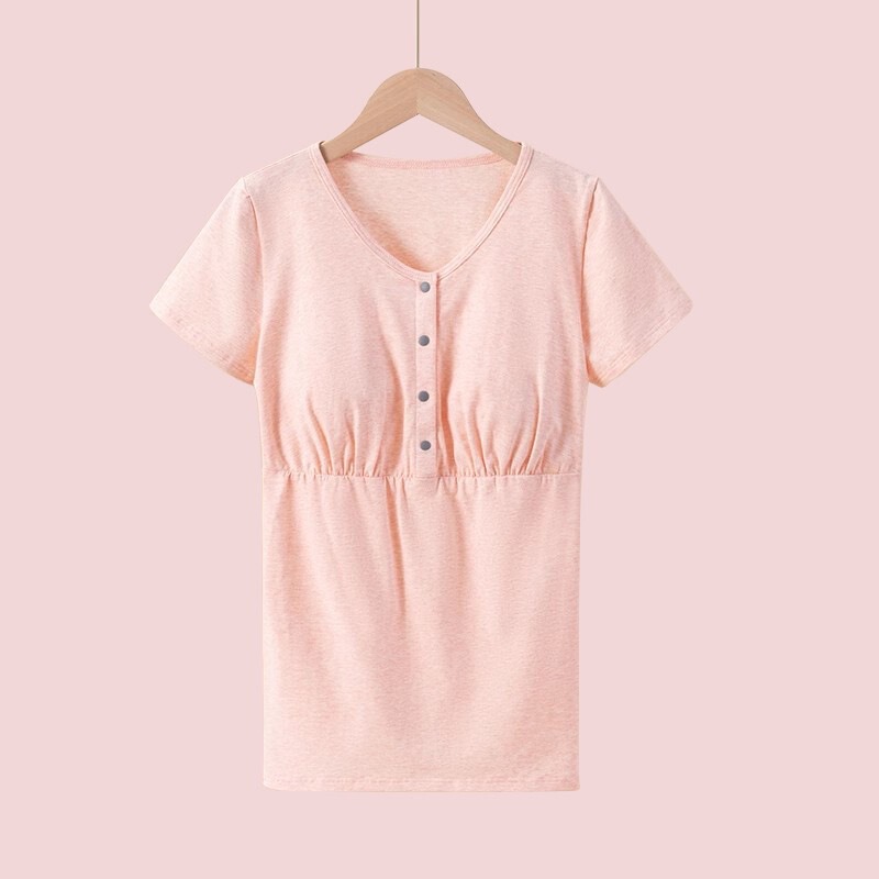 Pure Cotton Short-sleeved Breastfeeding Clothes Postpartum Breastfeeding Top Casual Loosening Style Front Buckle Breastfeeding Summer Thin T-Shirt
