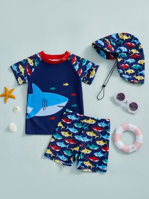B 4575 Kids Hooded Two-Piece Swimsuit 儿童分体泳衣三件套|ru