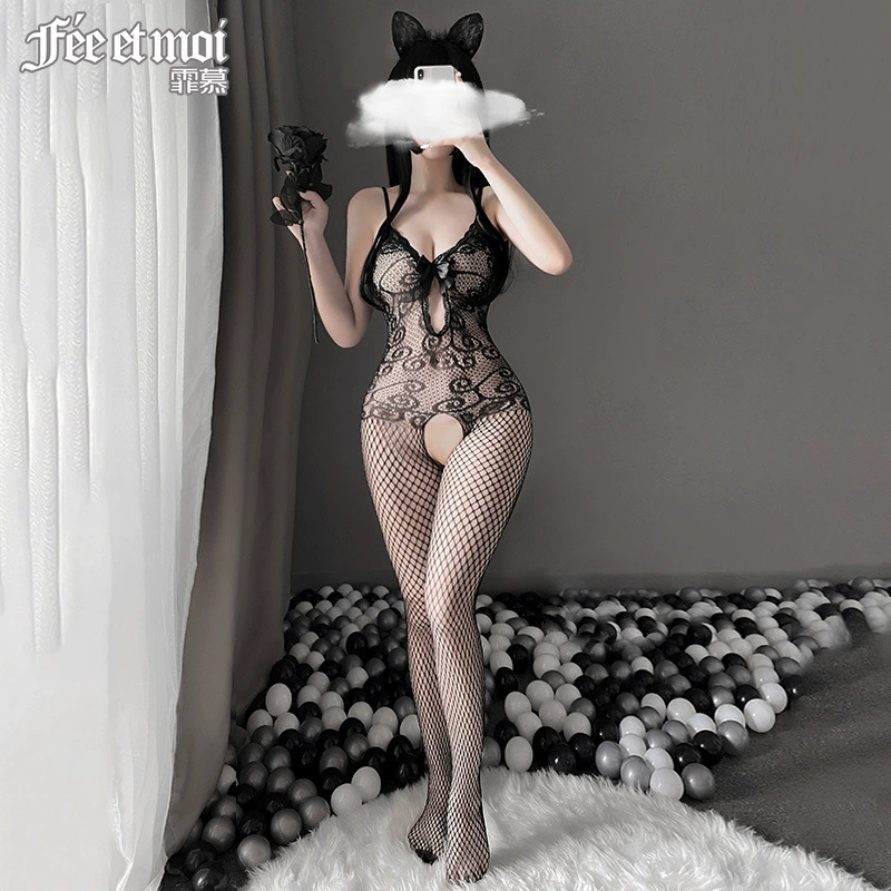 Бюстье-боди с подвязками женские кружевные сетка рыбья кость Hollow/Open-Crotch сексуальные черные, размер One Size
