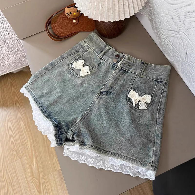 Designed Lace Denim Shorts for Women in Summer, Sweet and Spicy, High-Waisted, Slimming Look, A-Line Wide-Leg Hot Pants