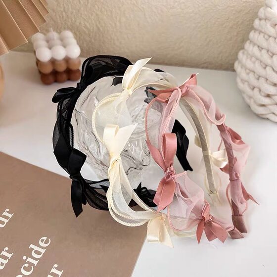 Korean Style Mesh Bead Hair Hoop Women's Spring and Summer New Pleated Bow High Cranial Top Head Hoop All-match Pressure Hair Wash Hair