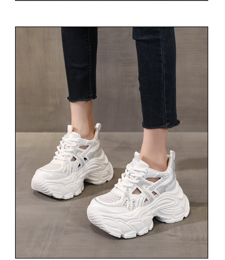 Giày sneaker nữ đế dày tăng chiều cao, mặt lưới đính đá lấp lánh — màu trắng chi tiết 13