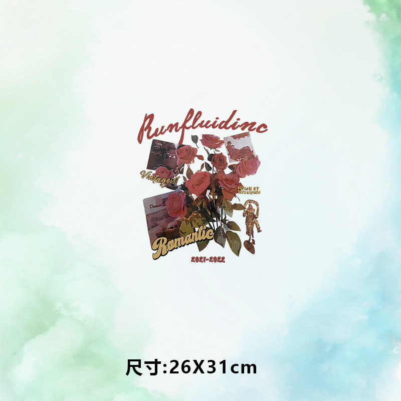 高级烫画图案新款Run照片玫瑰花束烫画贴印花衣服热转印白墨烫画