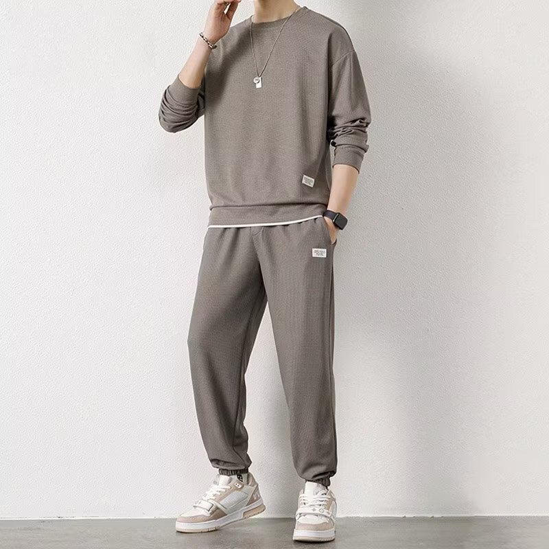 Waffle Sweat suit Loose Casual Autumn and Winter New Round Neck Men's Long Sleeve Trousers Youth Clothes Foreign Trade