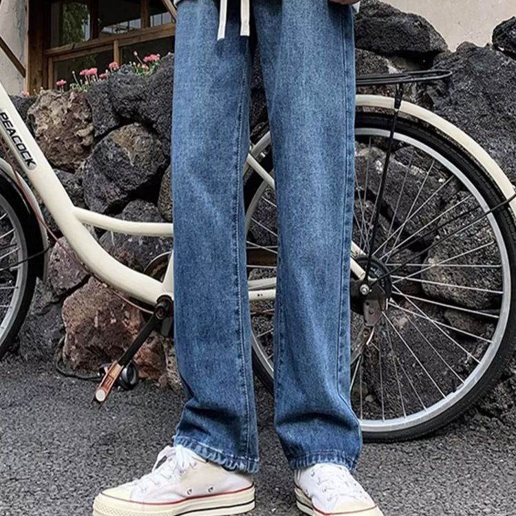 Pantalones vaqueros de cintura elástica para hombres 2024 primavera y verano nueva marca de moda pantalones cortos estilo de Hong Kong pantalones rectos sueltos de tendencia