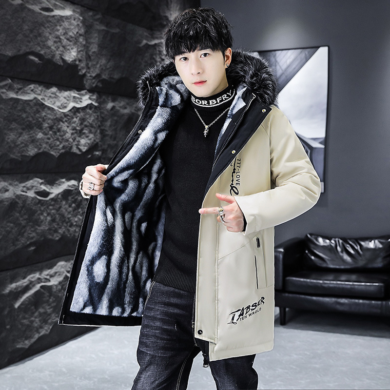 2026 Winter Fleece-Lined Thickened Parka Men's Casual Warm Mid-Length Windbreaker Coat with Hood and Fur Collar Cotton Jacket for Men
