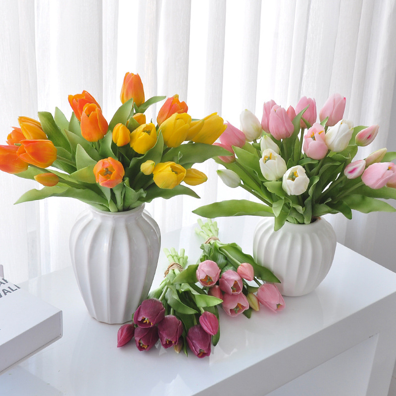 Simulated 7-Head Tulip Bouquet Home Decoration Dried Flower Ornaments Fake Flowers Soft Rubber Hand-Held Artificial Flowers