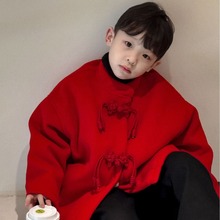 23冬新款中小童男童韩国童装新中式盘扣短款红色夹棉加厚呢子外套