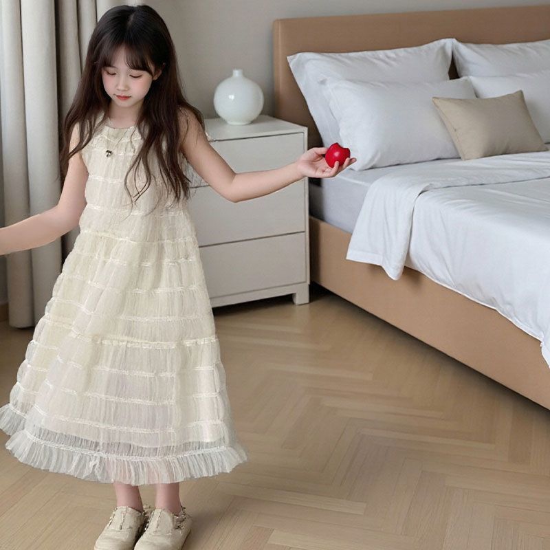 Girls' Summer Gauze Dress, New Striped Fairy Style Solid Color Korean-Style Dress Vest Skirt for Older Children