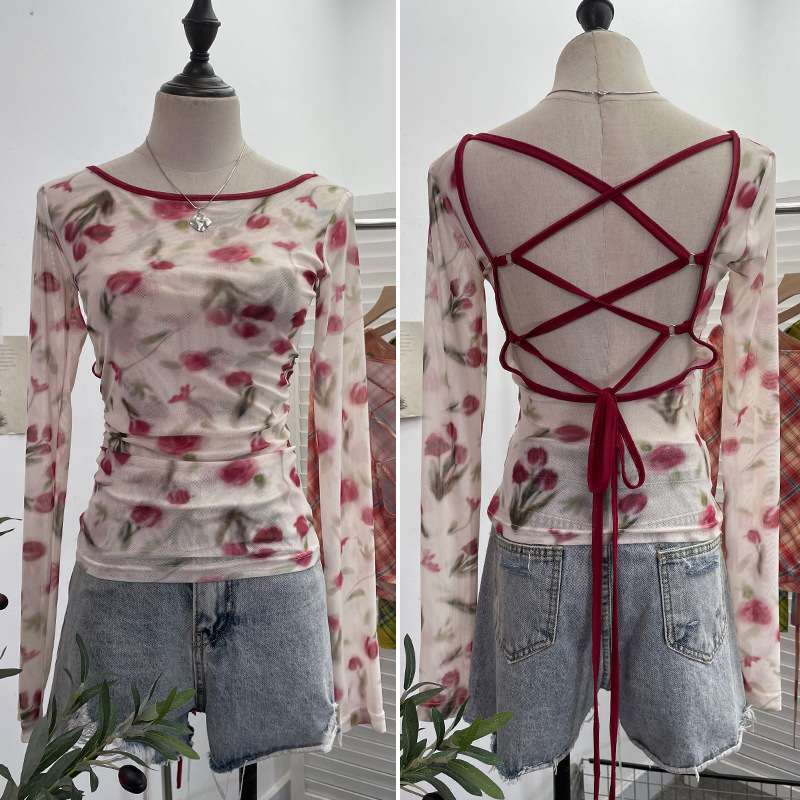 实拍 复古印花修身上衣撞色网纱绑带大露背薄款长袖打底衫T恤9939