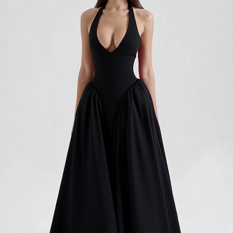 Transfronterizo 2025 primavera nuevo estilo Amazon ropa de mujer europea y americana temperamento sexy cuello halter color sólido delgado vestido sin espalda