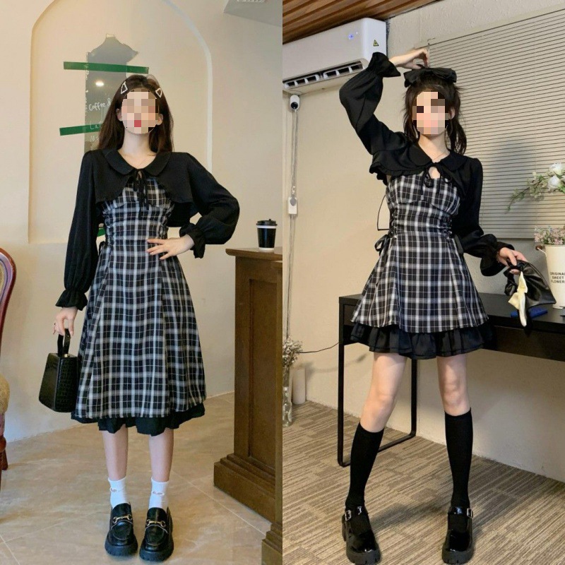 2023 봄 새로운 대형 여성 의류 통통녀 흑백 격자 슬링 원피스 타이트한 허리 슬리밍 러플 A 라인 스커트