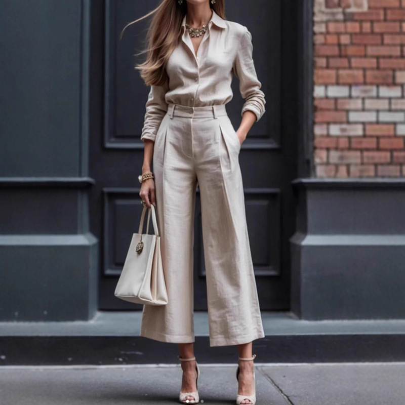 2025 European and American Cross-Border Fashion Casual Commuter Elegant Cardigan Long-Sleeved Top Loose Pants Fashion Women's Suit