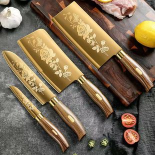 Stainless steel rose gold titanium-plated rose vegetable cutting meat cutting watermelon cutting bone cutting integrated kitchen gift knife set