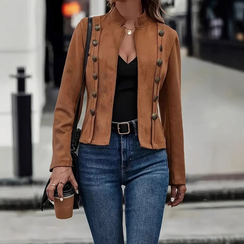 Europe and America pure color double-breasted decorative jacket New deerskin retro long-sleeve coat