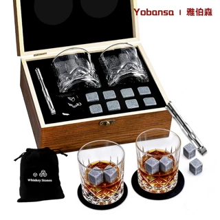 跨境威士忌冰酒石木盒套装天然花岗岩冰石玻璃杯礼盒跨境酒具批发