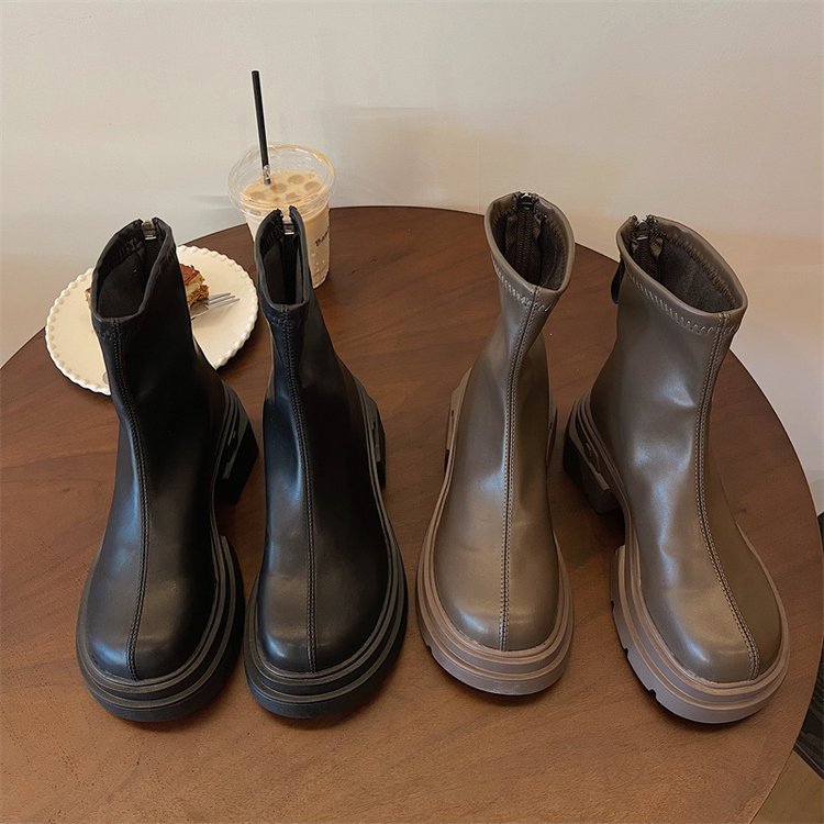 British Style Women’s Ankle Boots With Thick Heel And Back Zipper_voghion.com