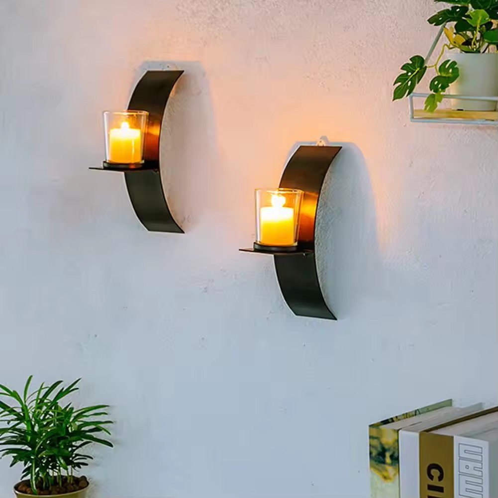 Transfronterizos ins tridimensional arco de pared candelabro negro hierro forjado modelo de vela de pared decoración de la casa colgar bandeja de velas